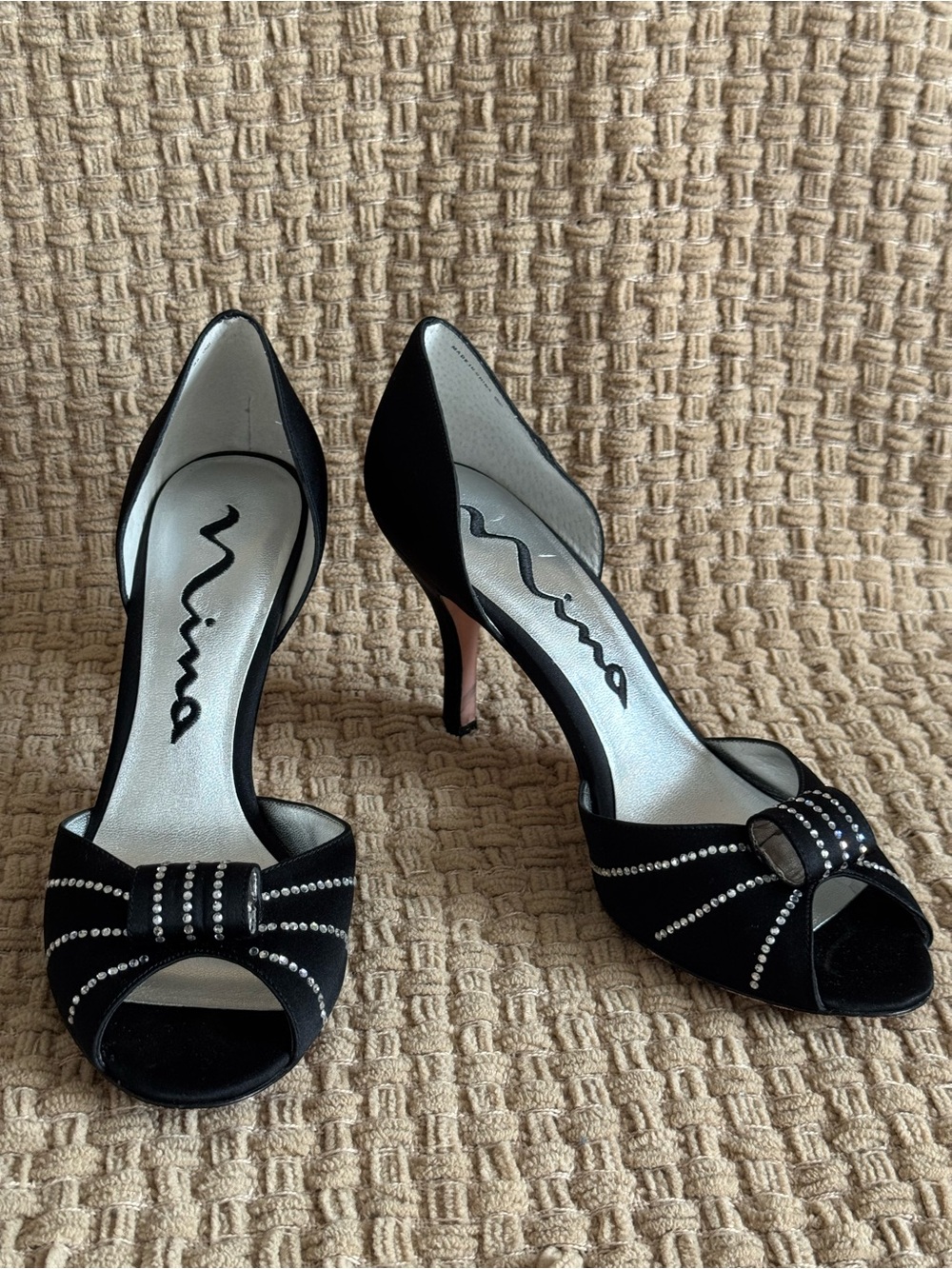 Nina Black Peep-Toe Rhinestone Bow Heels